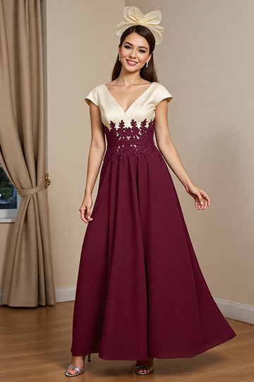 A Line Burgundy Appliqued Long Mother of the Bride Dress